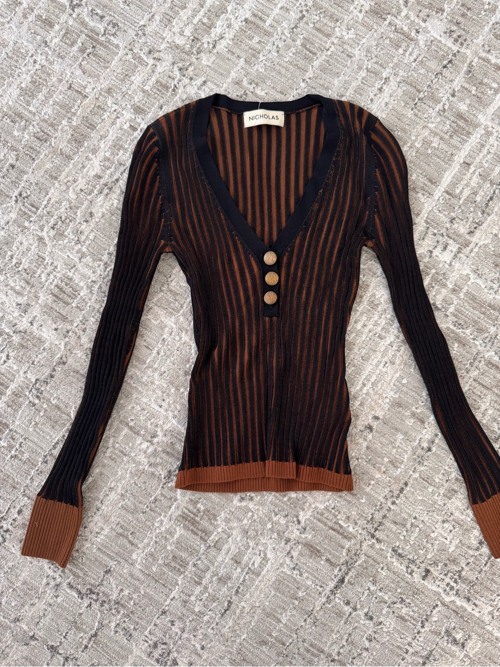 NICHOLAS Brown + Black Ribbed Stripe V-Neck Sweater XS